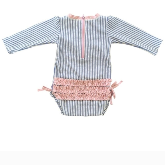 Ruffle Butts Seersucker Long Sleeve Rash Guard Periwinkle Blue Pink Size 6-12 M - Picture 2 of 8